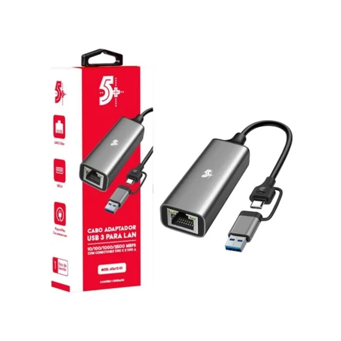 Adaptador Usb C/A Para Rj45 Gigabit Preto 5 Mais