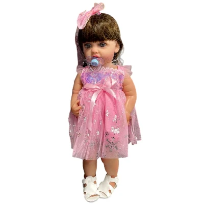 Boneca Realista Infantil 50cm Que Chora Vestido Rosa E Laço
