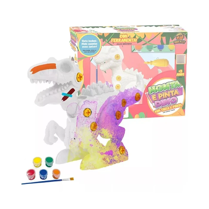 Brinquedo Dino De Colorir Monta E Pinta Com Guache + Pincel