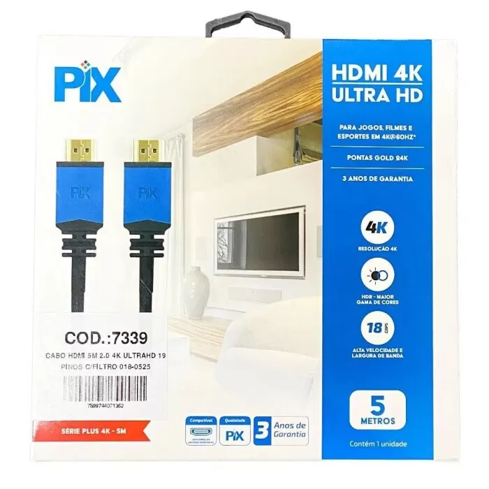 Cabo Hdmi 2,0 4K Ultra Hd 5 Metros Pix Novo