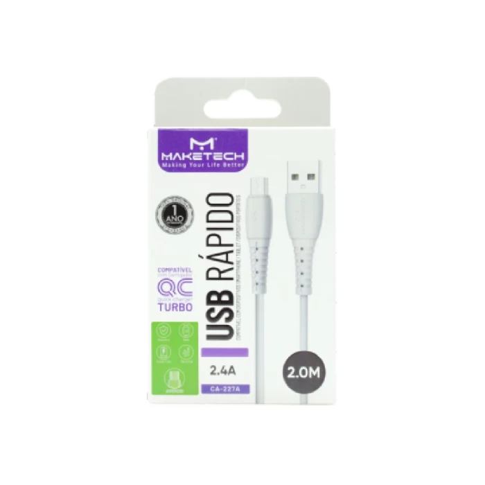 Cabo Micro USB Maketech 2 metros Branco Novo