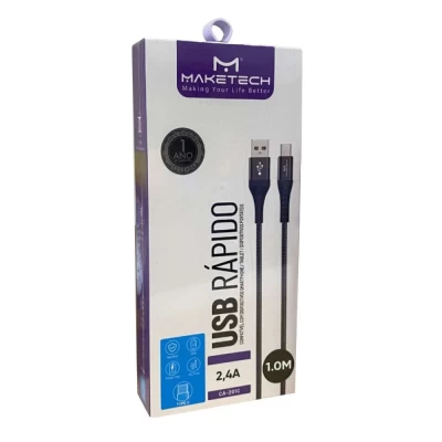 Cabo USB Tipo-C 1 Metros 2.4A Preto CA-101C Maketech