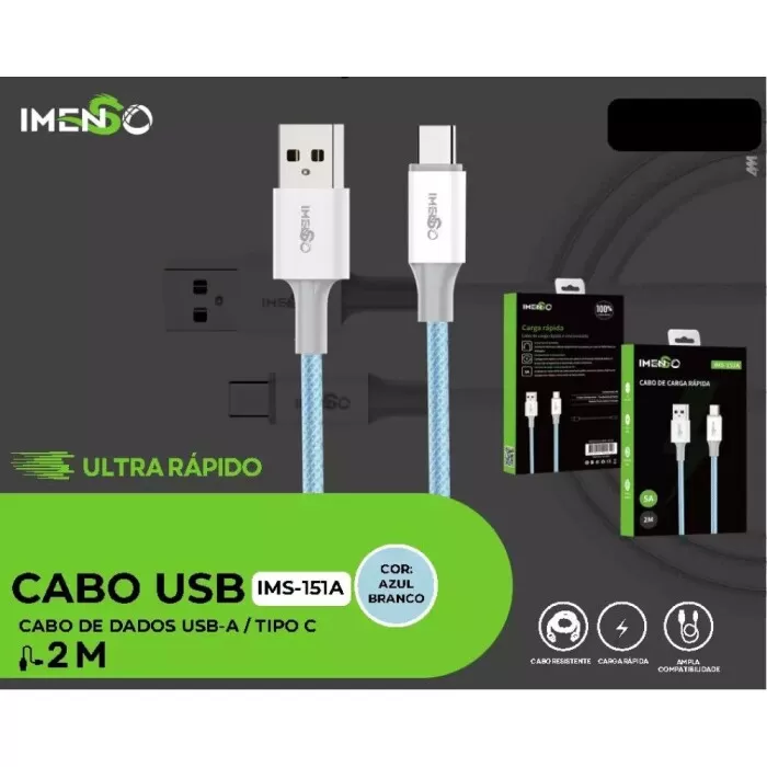 Cabo Usb Para Tipo C 5A 2 Metros Cor Azul - Ims-151A Imenso