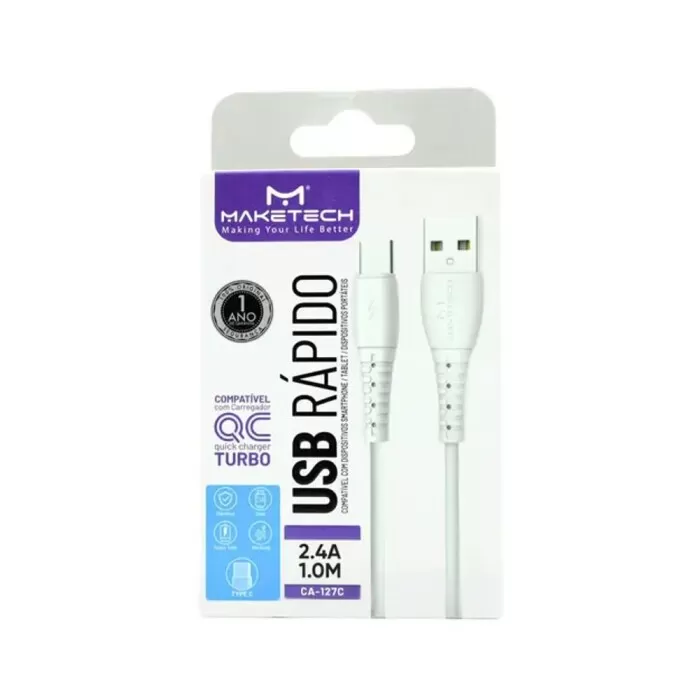 Cabo Usb Tipo-C 1 Metro Branco Maketech Novo