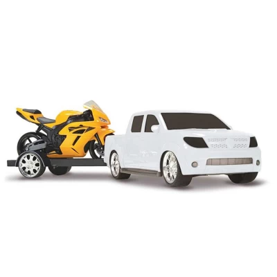 Camionete Pick-Up Vision Racing Branco Com Moto Amarela Roma