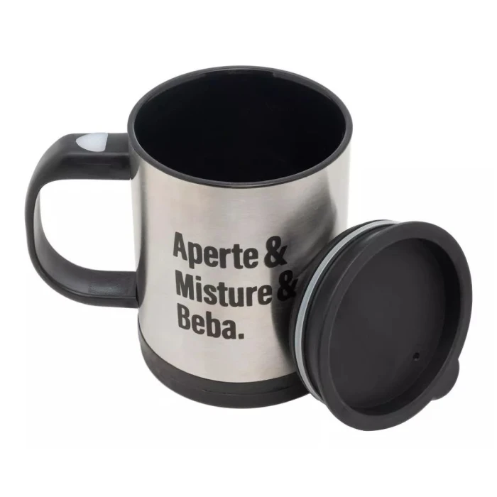 Caneca Mixer De Aço Inox E Preto 380mL Lyor Bpa Free