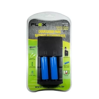 Carregador + 2 Baterias Recarregável 18650 3.7v Flex Fx-C10