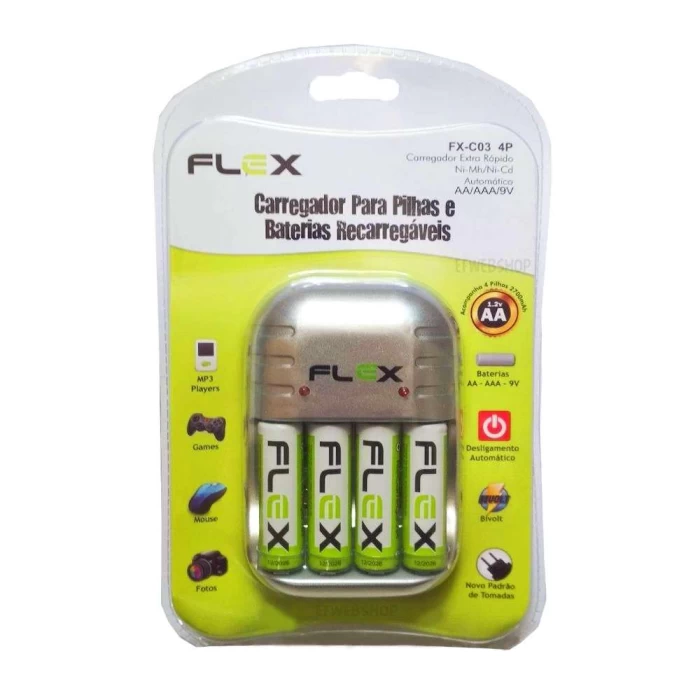 Carregador De Pilhas 9v 2700 Mah Recarregável Flex C/ Pilhas