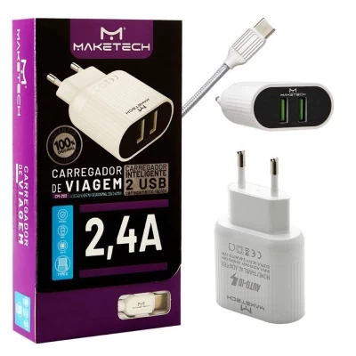 Carregador De Viagem Com 2 USB 2,4A Type-C