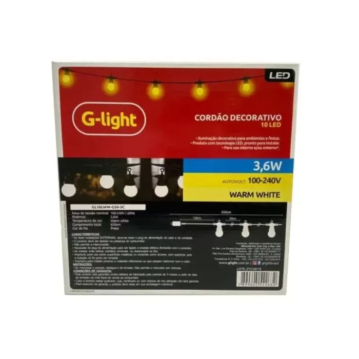 Cordão Decorativo 10 Leds 3,6W G50 Bivolt G-Light Novo