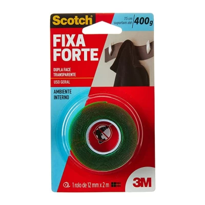 Fita Dupla Face Scotch Fixa Forte 3M Transparente 12mm x 2m