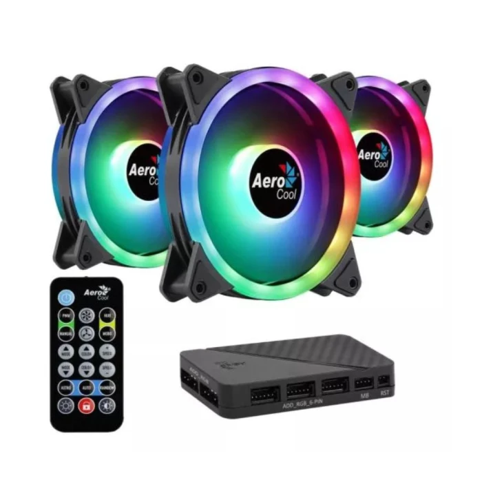 Kit 3 Coolers Fan + Hub + Controle AeroCool RGB Duo 12 Pro