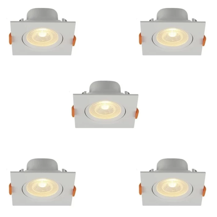 Kit 5 Spots Led De Embutir Quadrado Branco 8w 3000k Quente