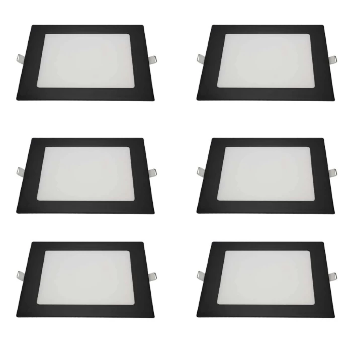 Kit 6 Painel Led Quadrado Embutir Preto 12w 6500k