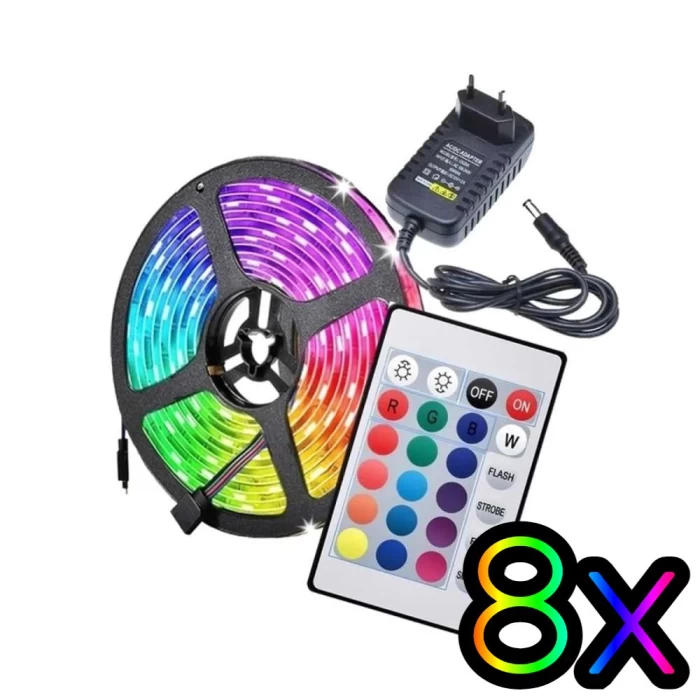 Kit 8 Fitas Led 2835 RGB IP65 4,8W C/ Fonte Controle