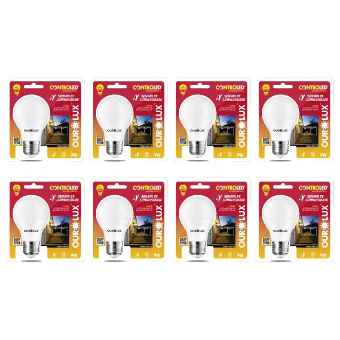 Kit 8 Lâmpadas 9W 2700K Sensor de Luminosidade Ourolux