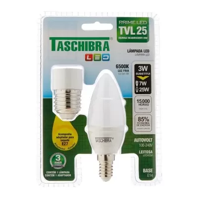 Lâmpada De Led Tvl25 3W 6500K Leitosa E14 Com Adaptador