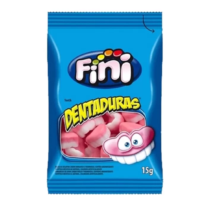 Mini Balas Fini Gelatinosas Dentaduras Sabor Morango 15g