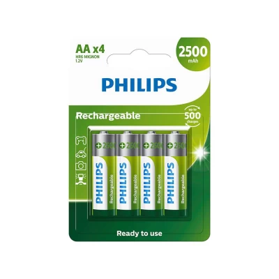 Pilha Philips Recarregável AA 1.2V 2500mAh 4UN HR6 Mignon