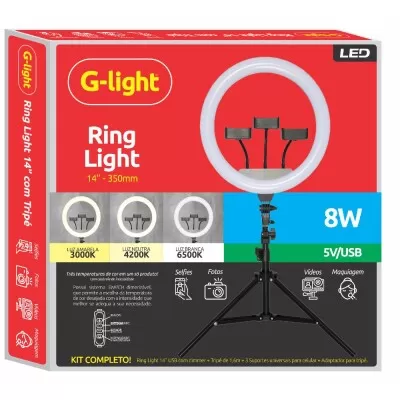 Ring Light 14 Polegadas 8W 3 Cores Com Tripé 160Cm G-light