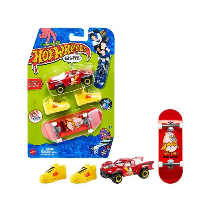 Skate De Dedo Hot Wheels Com Tênis Amarelo e Carro Verm.